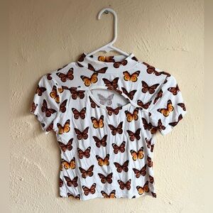 Monarch Butterfly Print Crop Top Y2K Ribbed White Short Sleeve Cutout Tee Size M